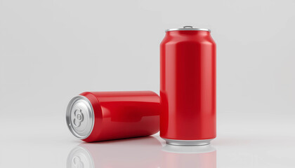 Two red aluminum beverage cans one standing and one lying down on a white reflective surface view