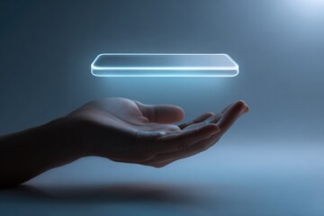 Gesture control scene with a woman’s hand navigating floating app icons, dreamy pastel sky in background, soft tech realism