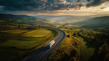 wide aerial shot of the truck driving along a winding road through scenic countryside, with fields and sky in the background, cinematic composition