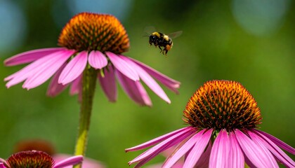 Bumble bee in flight near pink coneflowers