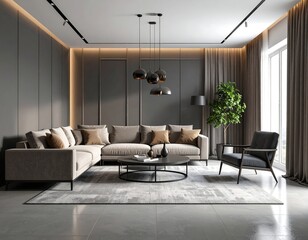 Fototapeta premium Modern living room with sectional sofa, coffee table, armchair, and floor lamp