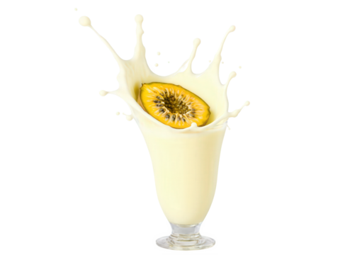 Splash of passion fruit yellow milk isolated on transparent background A bright, tropical yellow splash of milk that evokes