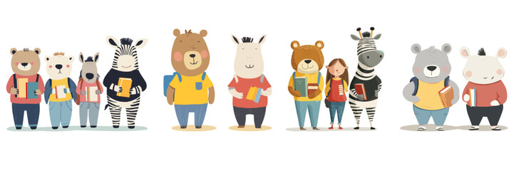 set of animal characters in casual clothing for children book and cartoon design