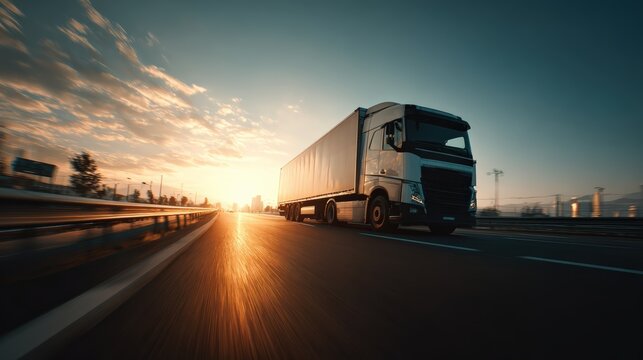 wide shot of a clean delivery truck driving on an open highway at golden hour, with motion blur on the road and warm sunlight, cinematic and ultra-realistic - Powered by Adobe