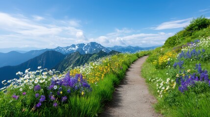 Scenic Mountain Path with Vibrant Wildflowers in Spring