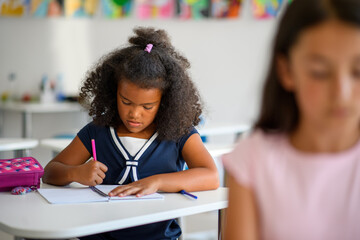 Focused schoolgirl writing notes in classroom.