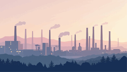 Fototapeta premium Industrial Factory with Smokestacks in Hazy Sunset Landscape