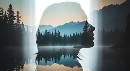 Serene Female Silhouette in Profile with Tranquil Landscape – Elegant Digital Art.