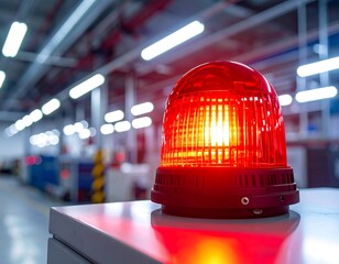 Red emergency light sits on a surface in a blurry industrial setting