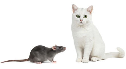 Cute Cat and Rat Together on White Background – Unlikely Animal Friends.