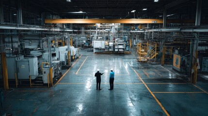 wide shot of the supervisor stopping to speak to a worker on the floor, pointing toward a machine as they discuss, cinematic composition