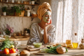 Peaceful scene of a woman applying avocado face mask in a kitchen, surrounded by fresh ingredients and soft morning light