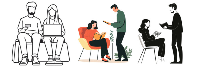 vector illustration set of people in barbershop with haircut and grooming activities