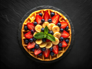Delicious Belgian waffle topped with fresh strawberries, blueberries, banana slices, and mint; overhead shot.