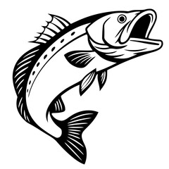 Fototapeta premium Dynamic black and white illustration of a jumping game fish with an open mouth, ideal for a fishing sport logo or emblem.