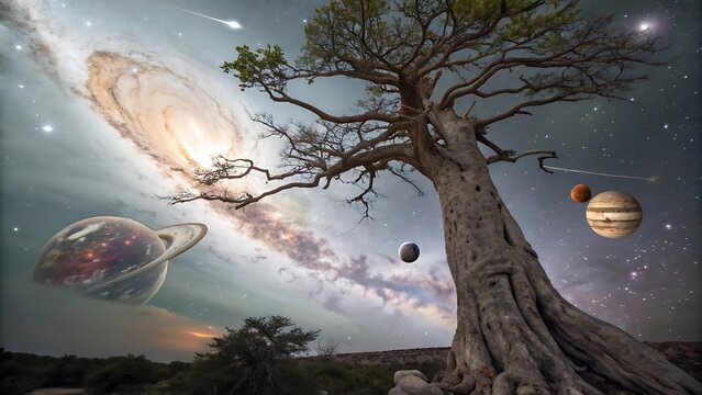 A surreal landscape with a glowing UFO hovering above a dark forest, casting a strange light upon the tranquil lake's reflection of the night sky - Powered by Adobe