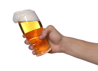 Man with glass of tasty beer on white background, closeup