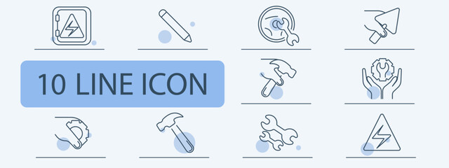 Maintenance and tools set icon. Line icons show electric panel, pencil, gear wrench, trowel, hammer hand, gear hands, saw, hammer, wrench, danger sign
