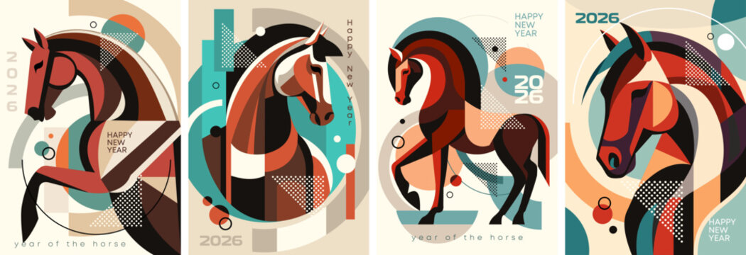 collection of stylish posters for 2026. The year of the horse according to the Chinese calendar