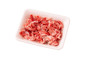 pork scraps in a food tray of polystyrene foam. 発泡スチロールの食品トレーに入った豚のこま切れ	
