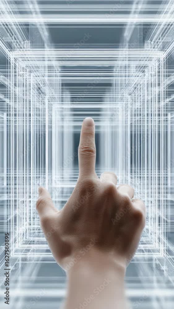 Poster futuristic technology hand digital interface virtual interaction innovation with glowing geometric l