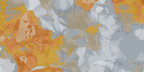 Abstract Fluid Alcohol Ink Art in Orange and Gray. Peaceful or serene backgrounds. Template banner. Frame with soft pastel floral pattern.