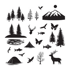 Fototapeta premium Black and White Silhouetted Outdoor Elements Featuring Mountains, Trees, Tents, and Wildlife in Vector Style