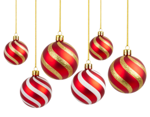 A - Hanging Red and White Candy Stripe Ornaments with Gold Strings, Angled Perspective, Isolated on Transparent Background.