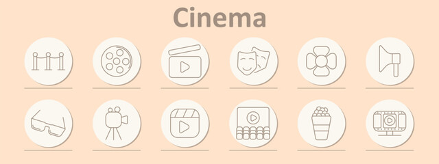 Cinema set icon. Red carpet, clapperboard, film reels, masks, popcorn, megaphone, 3D glasses, audience screen, projector, and camera icons show theater experience in outline style