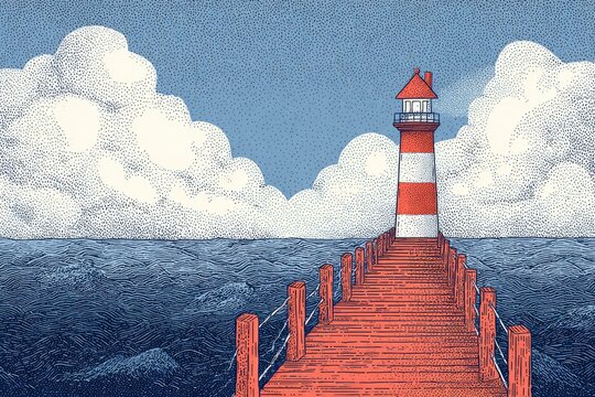 Lighthouse on a pier with a calm sea and clouds.