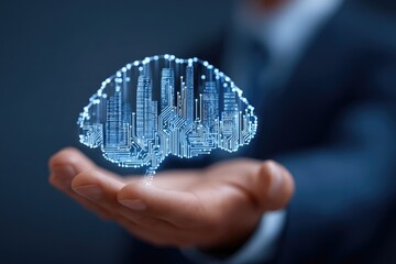 Holographic brain with cityscapes and circuit board design.