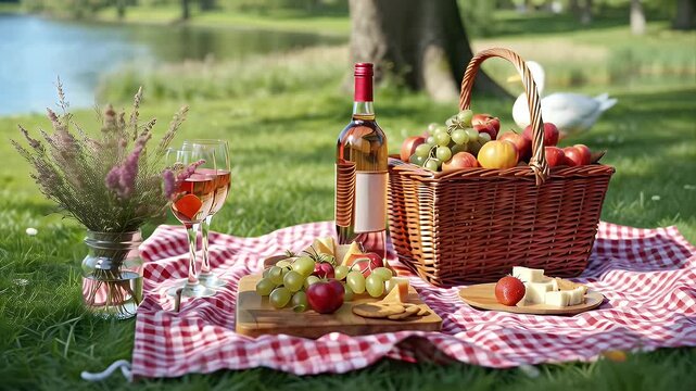 Picnic basket with wine and fruits on blanket by the lake  