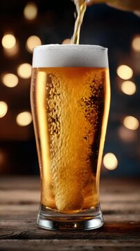 Golden beer pouring into glass with foam head and bubbles, warm bokeh background creating cozy atmosphere, inviting refreshing beverage drink alcohol