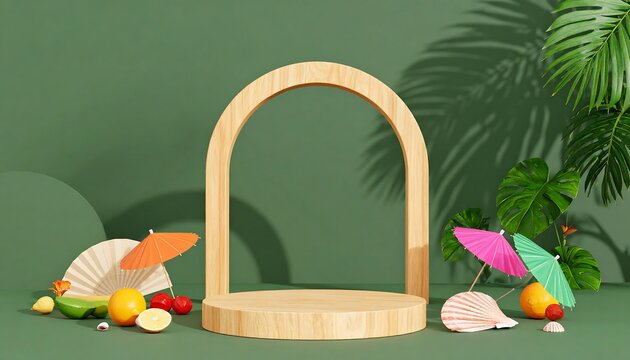 Wooden Podium with Tropical Fruits, Fans, and Umbrellas on Green Background - Powered by Adobe