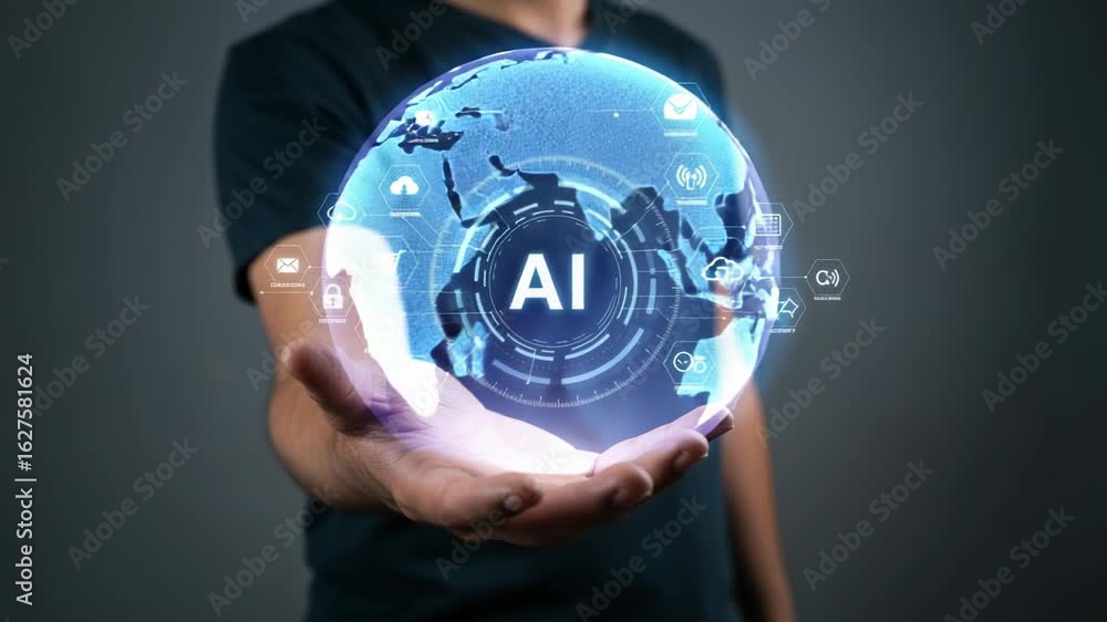 Poster human hand holding a glowing digital interface with ai symbol and icons, representing artificial int
