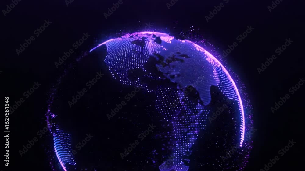 Poster digital globe made of glowing particles, representing global network and technology with blue and pu