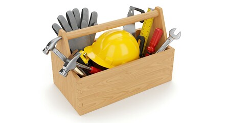 Wooden Toolbox with Assorted Hand Tools Isolated on White – Carpentry, DIY, Repair Equipment.