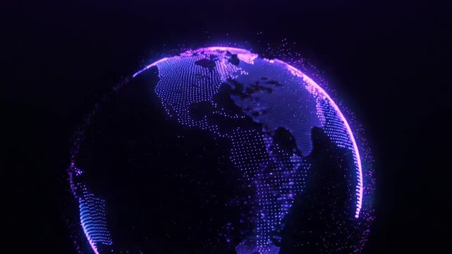 Digital globe made of glowing particles, representing global network and technology with blue and purple lights on a dark background