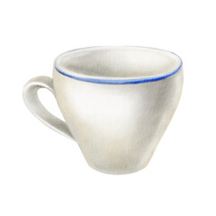 Classic simple cup with elegant handle and blue border as a piece of kitchen utensils and symbol of tea or coffee drinking or just a break.Hand drawn watercolor illustration in minimalistic style