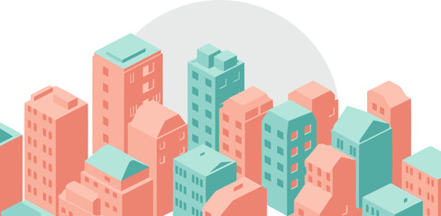 Isometric cityscape of residential buildings in muted pastel colors. Elevated view of a city's architectural forms with flat, colorful buildings.