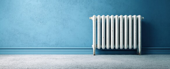 The vintage radiator contrasting against a smooth blue wall in minimalist decor.