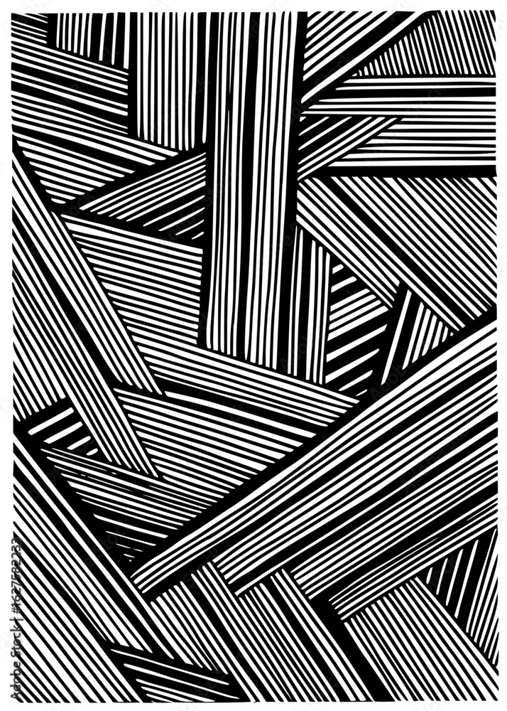 Poster abstract monochrome pattern featuring intersecting and overlapping black and white stripes design