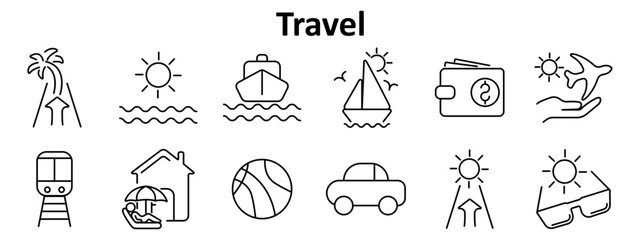 Travel set icon. Includes beach, sun, ocean, cruise, sailboat, wallet, airplane in hand, train, vacation house, ball, car, road, sunglasses, map