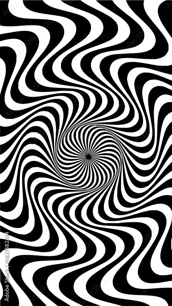 Poster black and white optical illusion with swirling vortex pattern creating hypnotic visual effect design