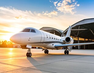Private jet on tarmac at sunset, near hangar