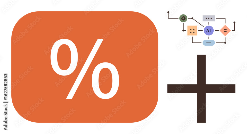 Aufkleber percentage sign in orange block, small flowchart with ai node, and a bold plus sign. ideal for mathe