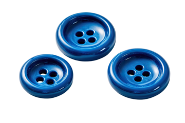 Three glossy, vibrant blue buttons, arranged in a loose triangle, set against a black background.  Each button features four small, round holes