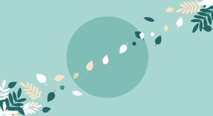 Abstract autumnal design featuring various leaves in muted tones of orange, cream, and teal on a light mint-green background.