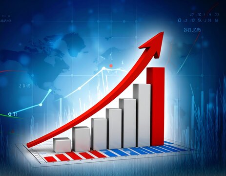 Rising bar graph with upward red arrow, illustrating growth against a world map backdrop and financial charts