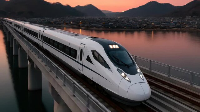 High speed train crossing elevated railway bridge over calm water at sunset with mountains and village background, modern transportation scene